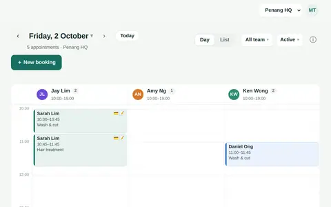 The appointment calendar with each stylist's bookings for the day