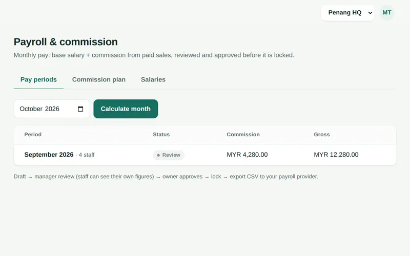 Senvia POS 工资与提成页面:正在审核的月度工资期