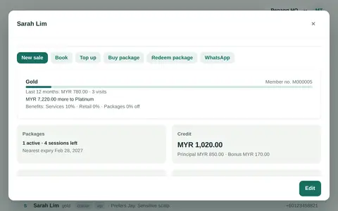 A customer profile with visits, packages, credit and points