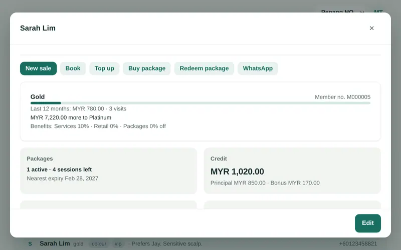 Customer profile in Senvia POS showing active packages, sessions left and stored credit