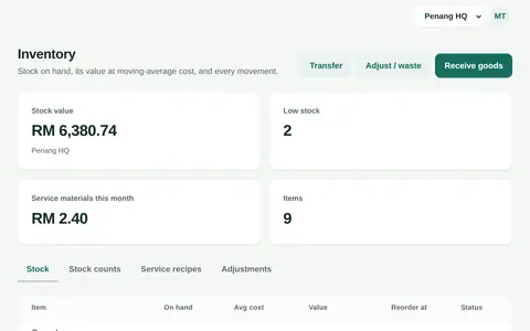 Inventory with stock per branch and low-stock alerts