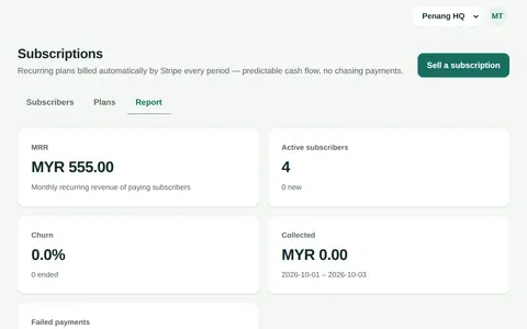 Subscriptions report: monthly recurring revenue, active subscribers and renewals