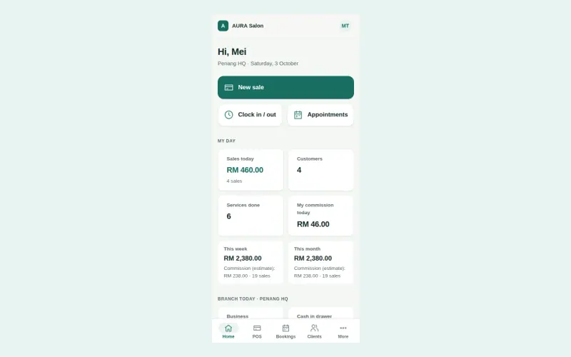 Senvia POS App 员工首页:今日业绩与本人的预估提成