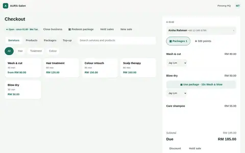 The Senvia POS checkout with services, products and a customer in the cart